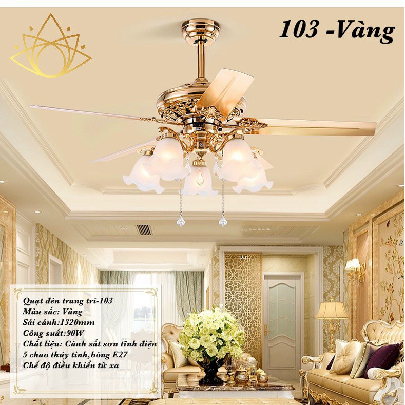 (Tặng Bóng Điện,Móc Treo) Quạt Trần Đèn 5 Cánh Thép Trang Trí Phòng Khách,Ngủ-Điều Khiển Từ Xa Siêu Mát,Hàng Chính Hãng