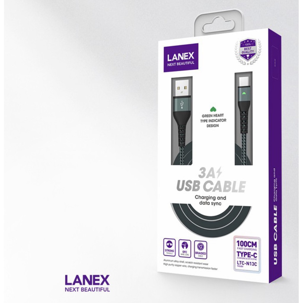 Cáp sạc nhanh LANEX LTC - N13M dây dù 3.0A, cổng kết nối Micro USB, dài 1m, có đèn led