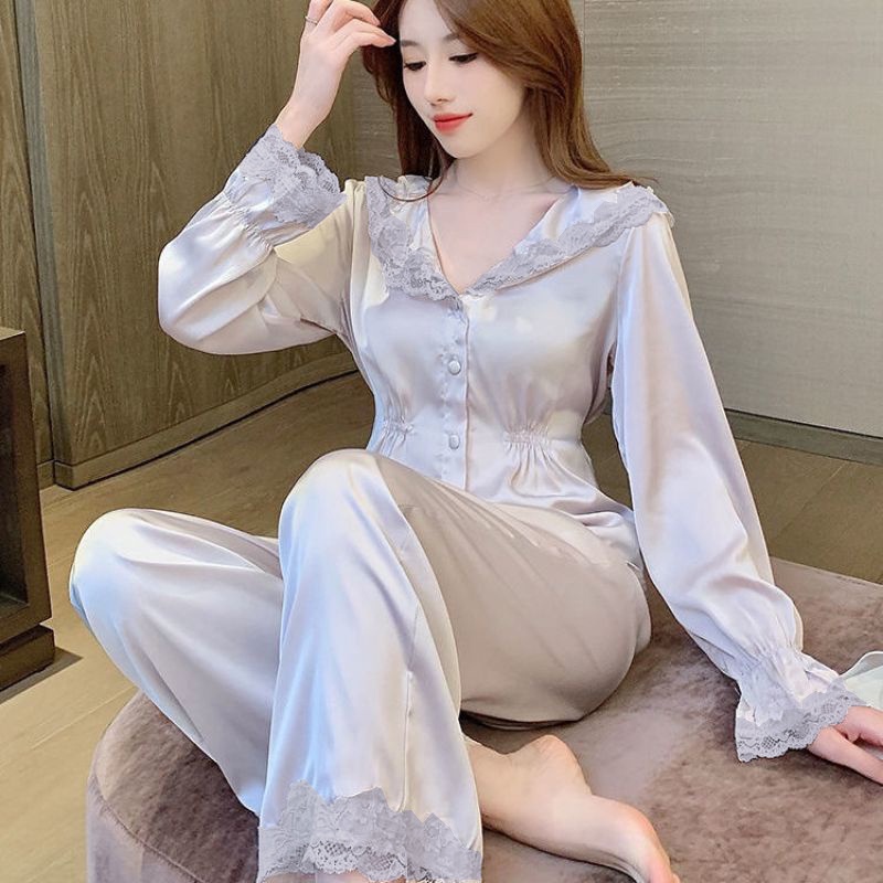 Set bộ lụa mặc nhà cổ tròn phối ren tiểu thư