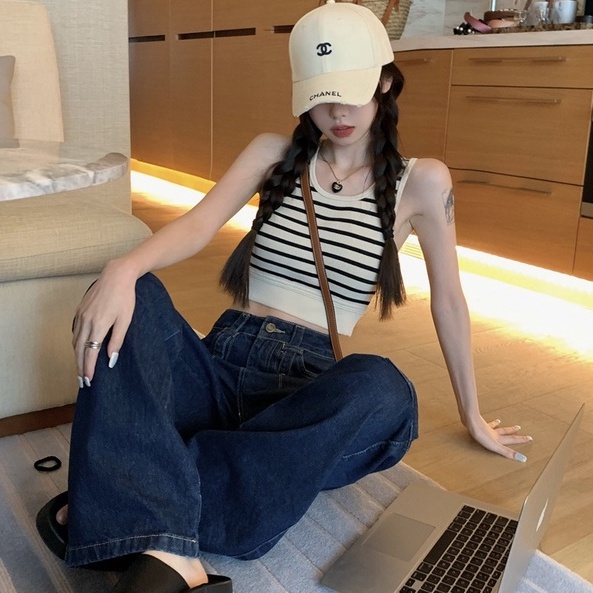 【ZHELIHANGFEI】Áo Dệt Kim Sát Nách Lưng Cao Họa Tiết Kẻ Sọc Phong Cách Quyến Rũ