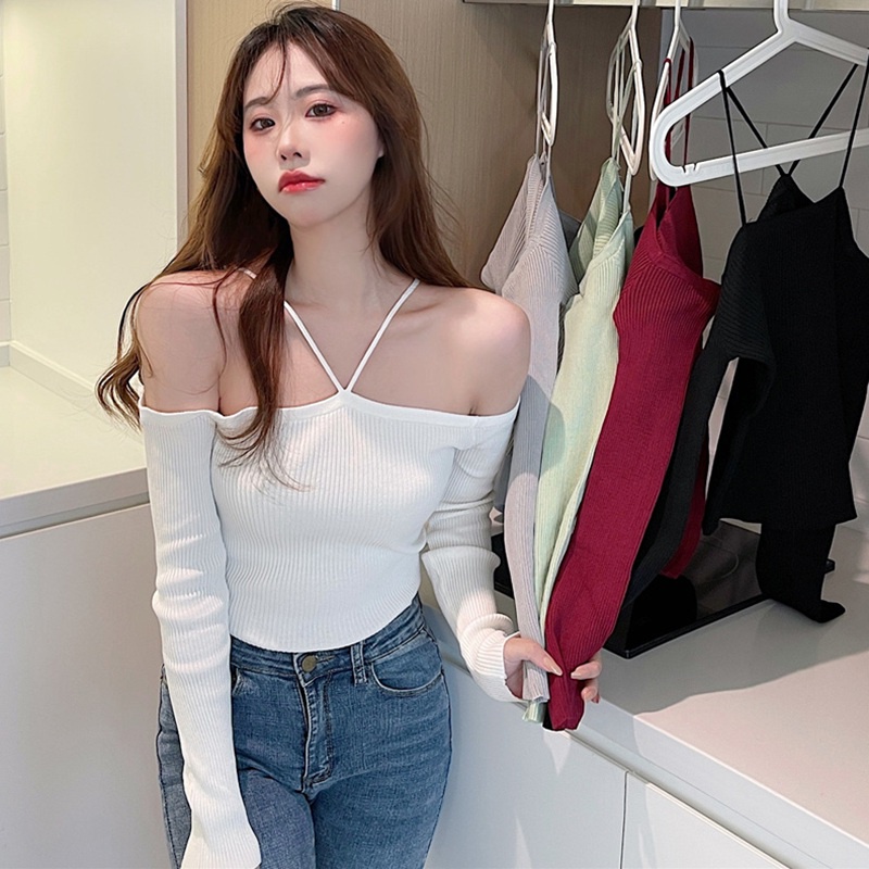 Áo Dệt Kim Tay Dài Thiết Kế Trễ Vai Màu Trơn Phong Cách Thanh Lịch
