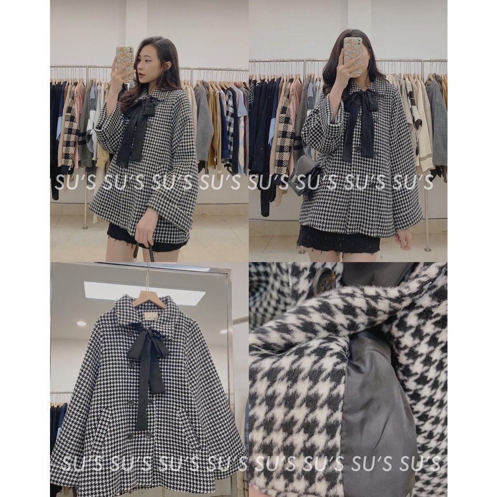 Áo dạ tweed nữ dáng ngắn Caro buộc nơ - Elly Clothings
