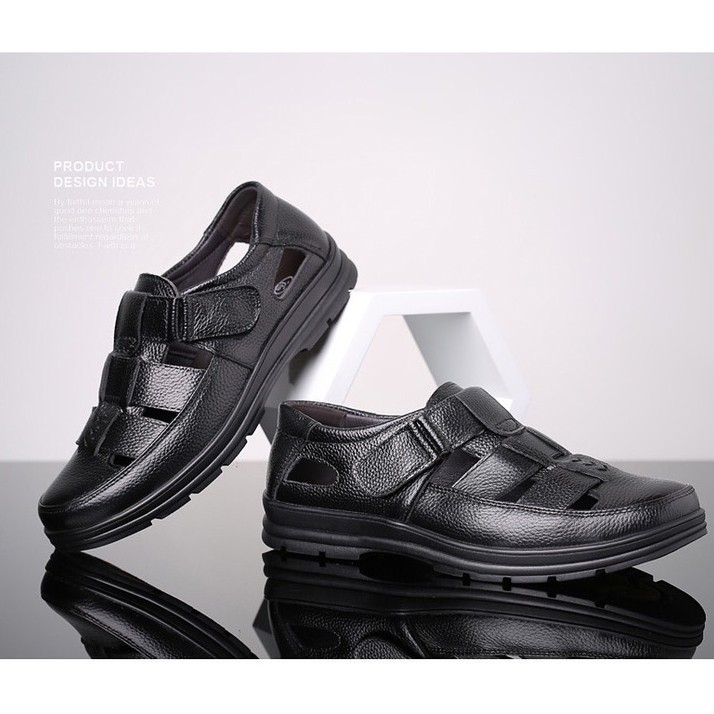 Giày nam mùa hè da bò đế cao su khâu