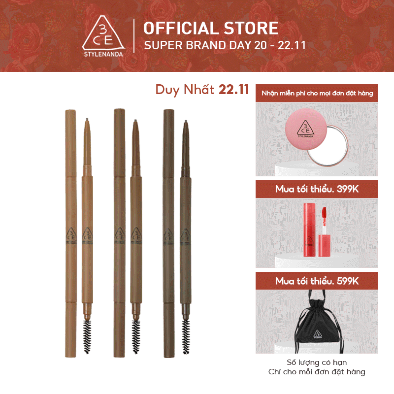 Bút Chì Kẻ Lông Mày 3CE Siêu Mảnh 3CE Super Slim Eye Brow Pencil 0.05g | Official Store Eye Make up Cosmetic