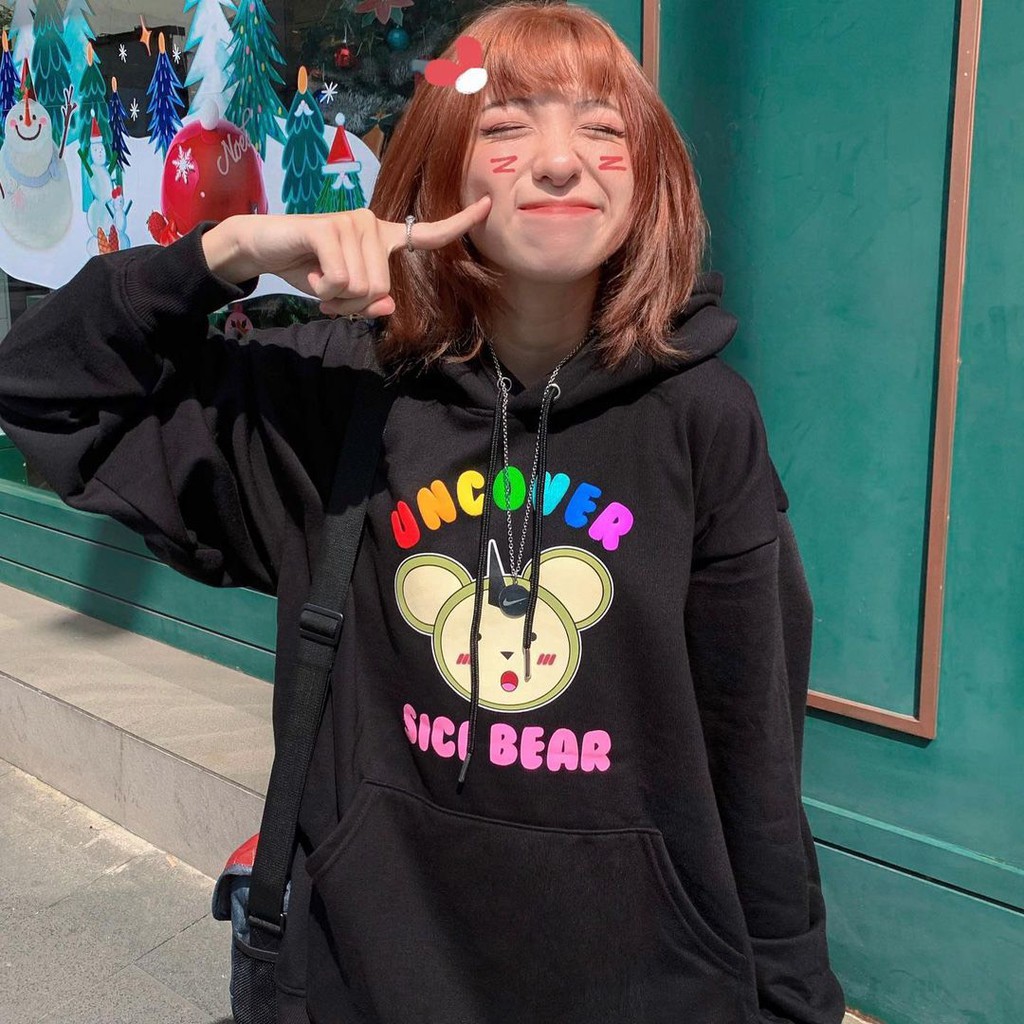 Áo Hoodie Nỉ Bông Ngoại UNCOVER SICI BEAR Varity Form Rộng Unisex Nam Nữ Ulzzang