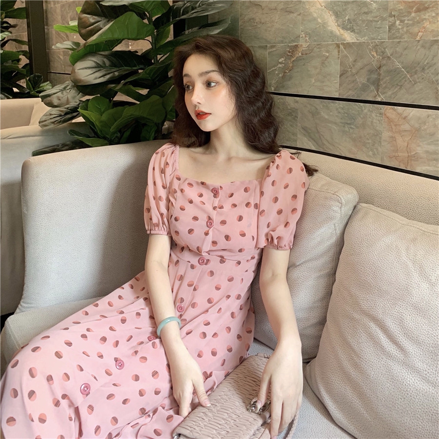 Đầm Nữ Tay Ngắn Họa Tiết Chấm Bi Phong Cách Hàn Quốc