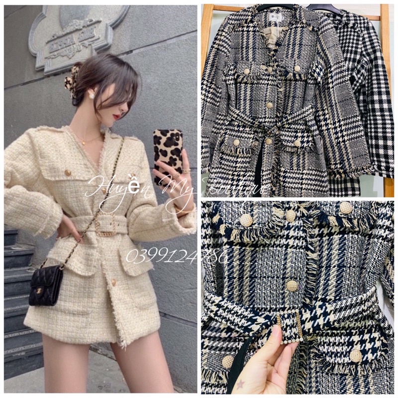 Áo Dạ TWEED dáng dài 2 lớp kèm đai hàng Quảng Châu Cao Cấp
