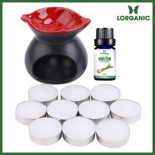 Combo Đèn Nến Chiếc Lá + Tinh Dầu Sả Chanh Lorganic (10ml) + 10 Viên Nến (màu ngẫu nhiên)