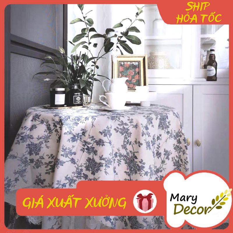 Khăn Trải Bàn Viền Ren Hoa Xanh Phong Cách Vintage Vải Canvas Dày Dặn Mary Decor KB-B01