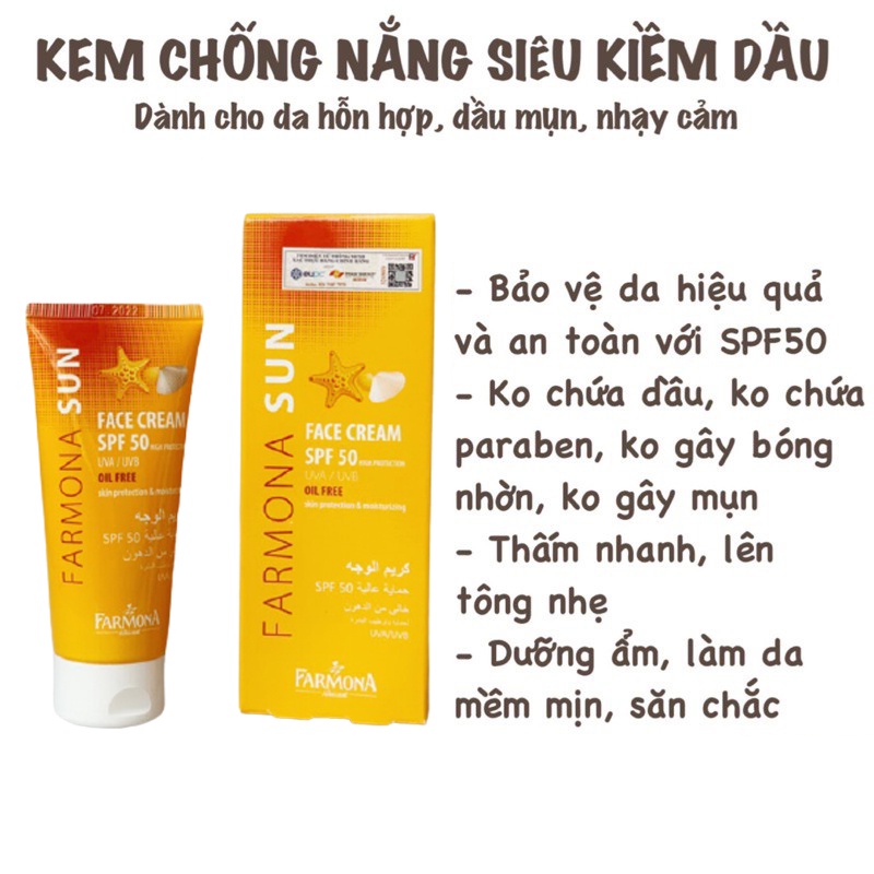 Kem chống nắng Farmona sun face cream oil free Spf 50 không bóng nhờn cho da dầu mụn