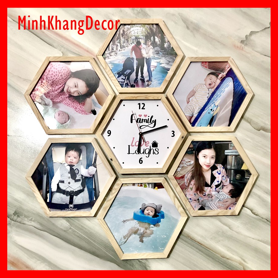 Đồng hồ khung ảnh nghệ thuật,Khung ảnh dán tường, treo tường hình lục giác, miễn phí in ảnh