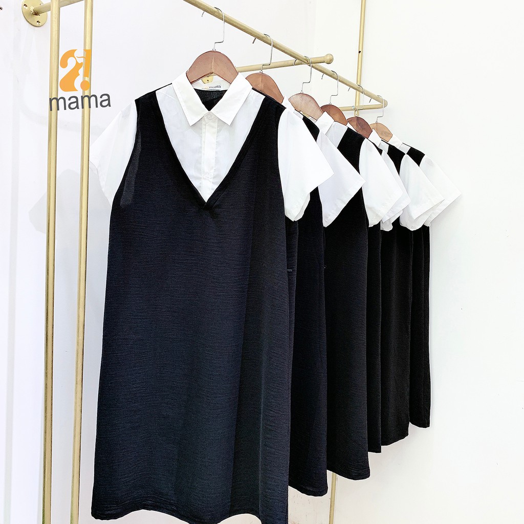 Váy bầu thiết kế công sở dự tiệc mùa hè 2MAMA suông sơ mi pha màu đen trắng V44