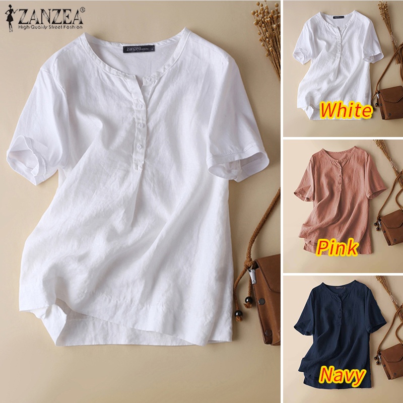 Zanzea Áo Sơ Mi Tay Ngắn Cổ Tròn Màu Trơn Thời Trang Dành Cho Nữ