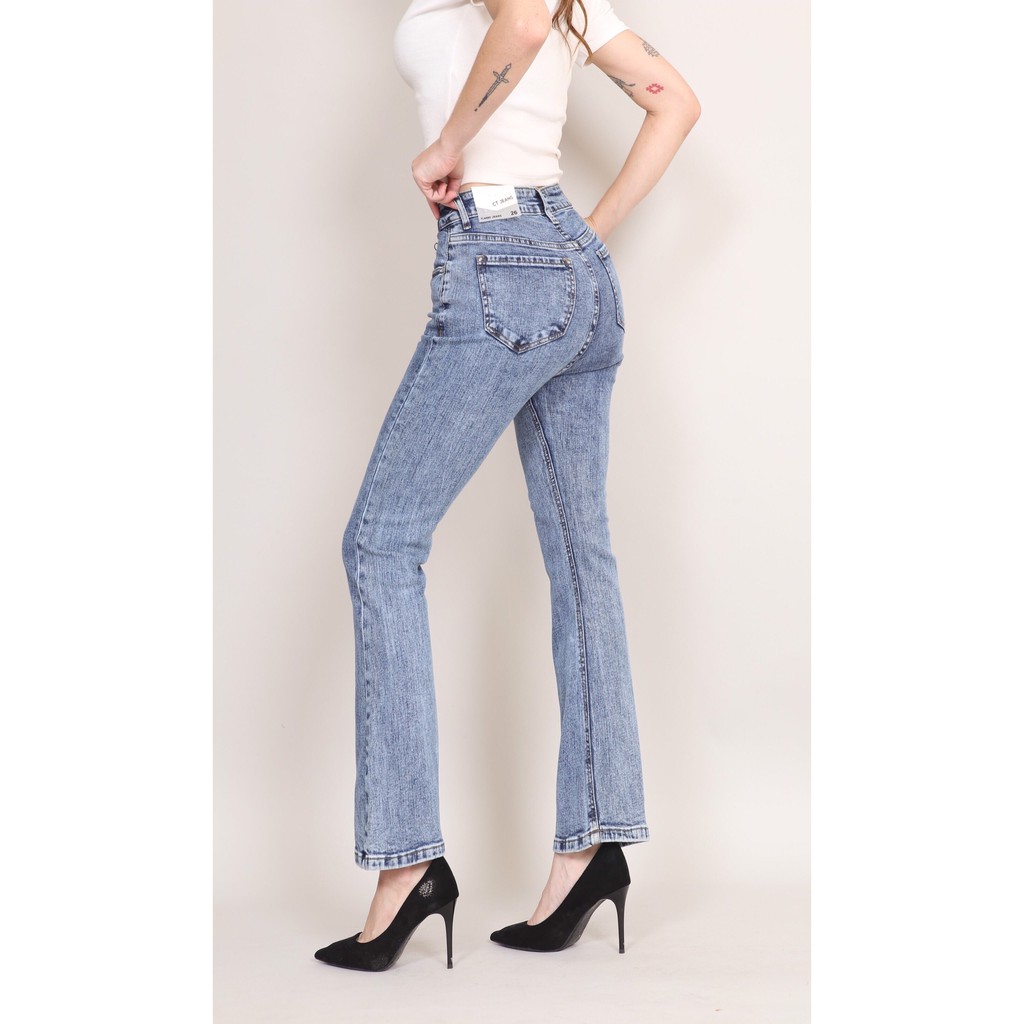 Quần Jean Nữ Ống Loe xanh đá Lưng Cao Co Giãn Trơn  Gấu Thường  CT Jeans