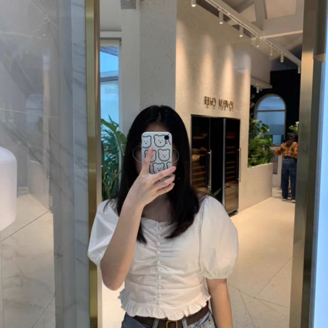 (SẴN) Áo cổ vuông tay phồng cúc bọc dáng ngắn M1