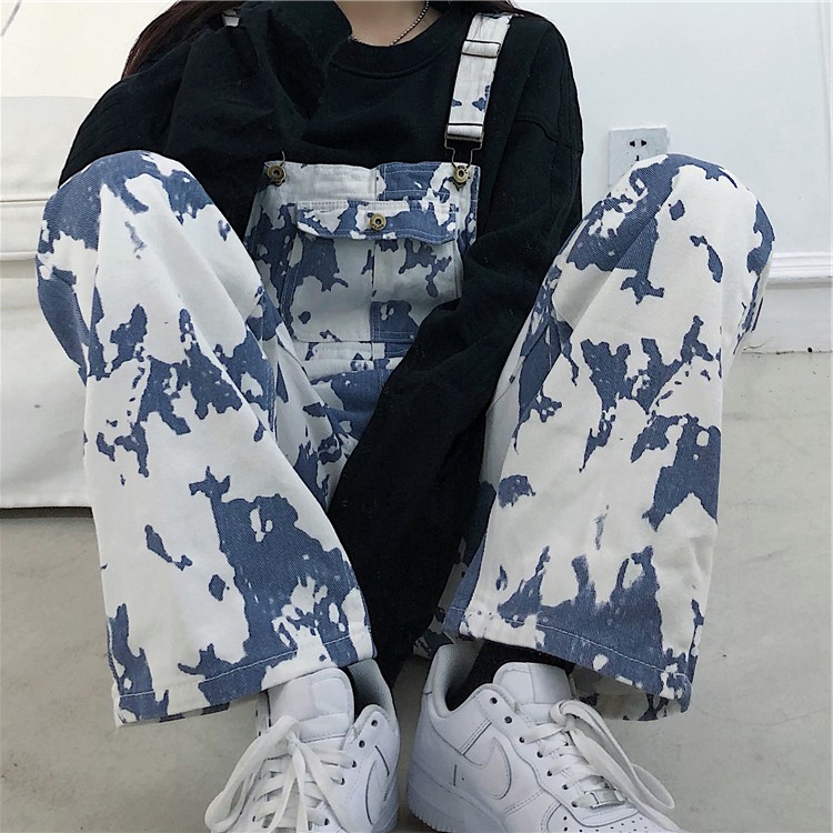 Quần yếm bò loang retro ống rộng size S M L