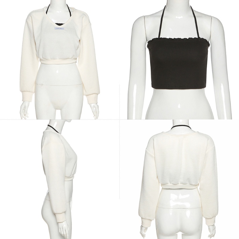 Set 2 áo croptop tay dài cổ chữ V màu trơn in chữ thời trang cho nữ