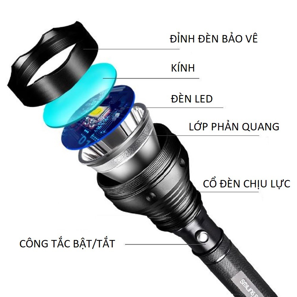 Đèn pin siêu sáng sạc tích điện kèm 1 pin sạc 7.800mAh + 1 cục sạc điện loại dài 24cm cho bảo vệ mã K9.38002