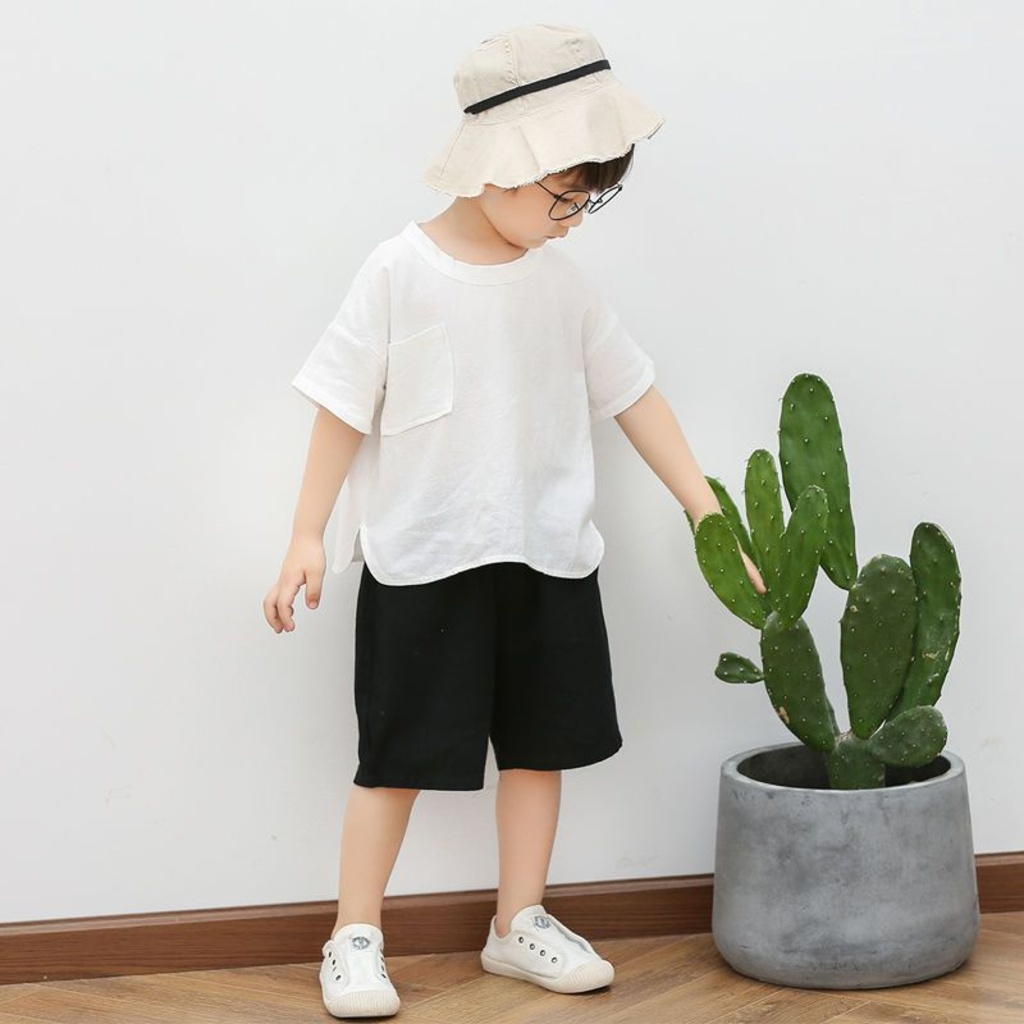 Đồ bộ bé trai Hàn Quốc xuất xịn Binbon kids, Bộ cộc tay cho bé trai QA68 chất đũi nhăn siêu mát cho bé từ 8-28kg