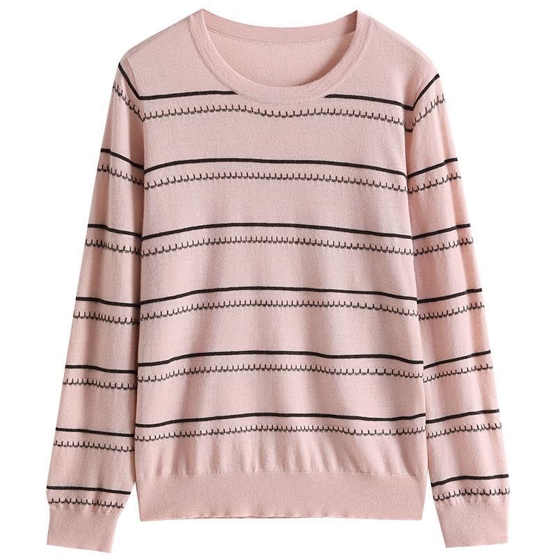 Áo thun tay dài dáng rộng họa tiết kẻ sọc thời trang mùa thu cho phụ nữ trung niên