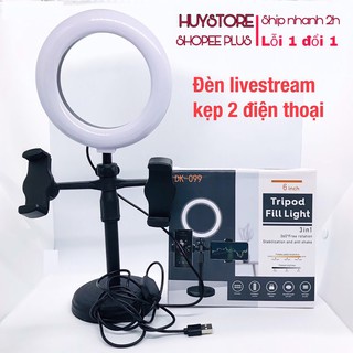 Giá Đỡ 2 Điện Thoại Livestream Có Đèn Led, Kẹp Điện Thoại Để Bàn Quay Video Tiktok Có Đèn Led 3 Màu- DK 099, có đế