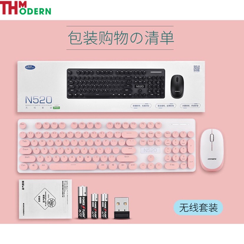 Combo Bàn Phím Kèm Chuột Không Dây Nút Tròn Xinmeng N520 5 Màu Đen,Hồng,Xanh Lá,Tím ,Hồng Đậm Sắc Nét Mới