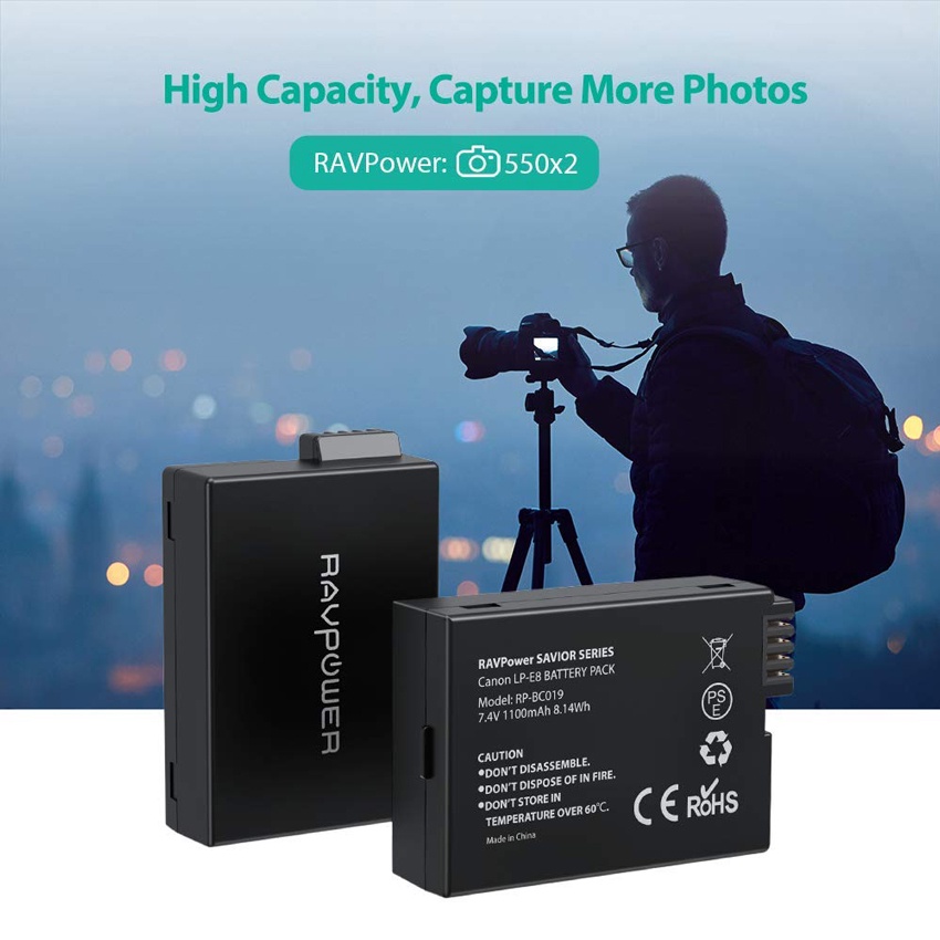 Bộ 2 Pin + 1 Sạc Canon LP-E8 RAVPOWER 1100mAh cho thân máy Canon 700D, 600D, 650D, 550D