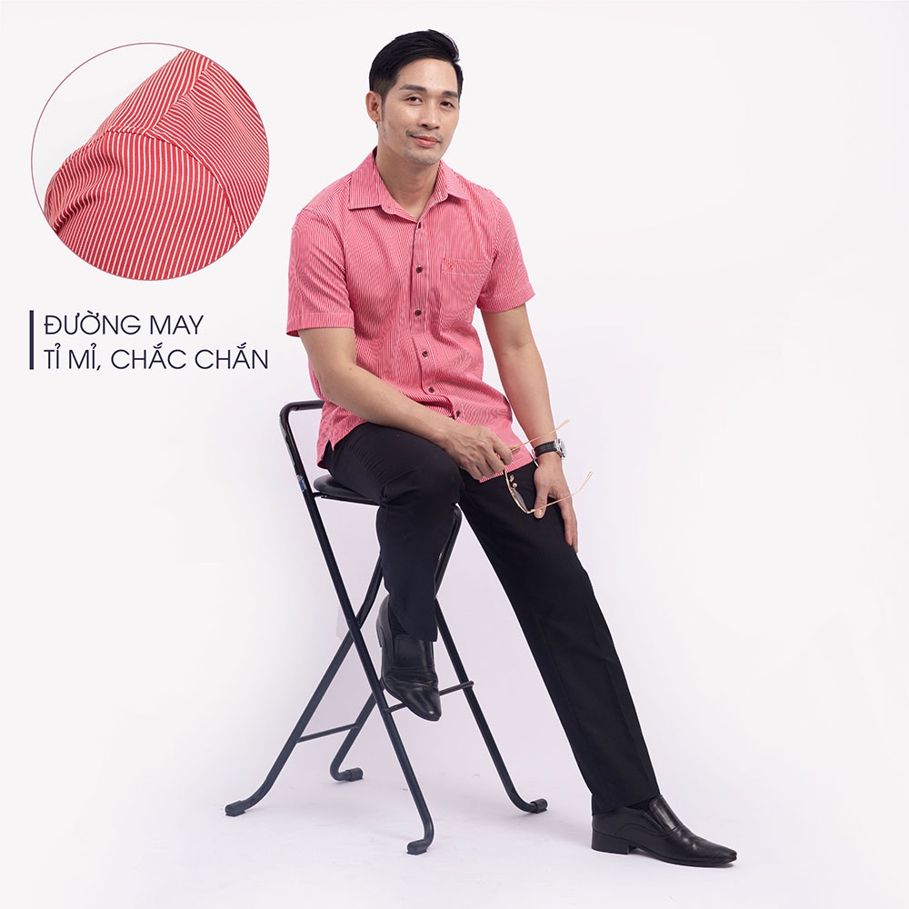 Áo Sơ Mi Nam Ngắn Tay Trung Niên ANCHI Hoạ Tiết Kẻ Đỏ Vải Sợi Tre Cao Cấp