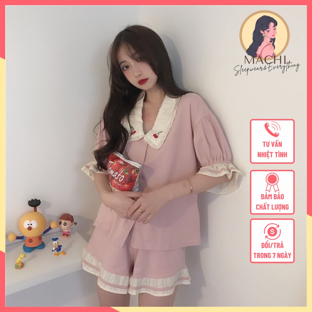 Set đồ ngủ/ đồ bộ mặc nhà ngắn tay hồng ngọt ngào phối ren trắng, bâu thêu trái cherry