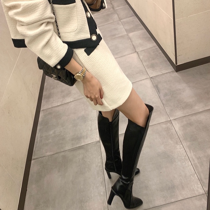 Set Áo Khoác Viền Tương Phản + Chân Váy LSEOUL B1018 Chất Dạ Tweed Dày Dặn Thanh Lịch