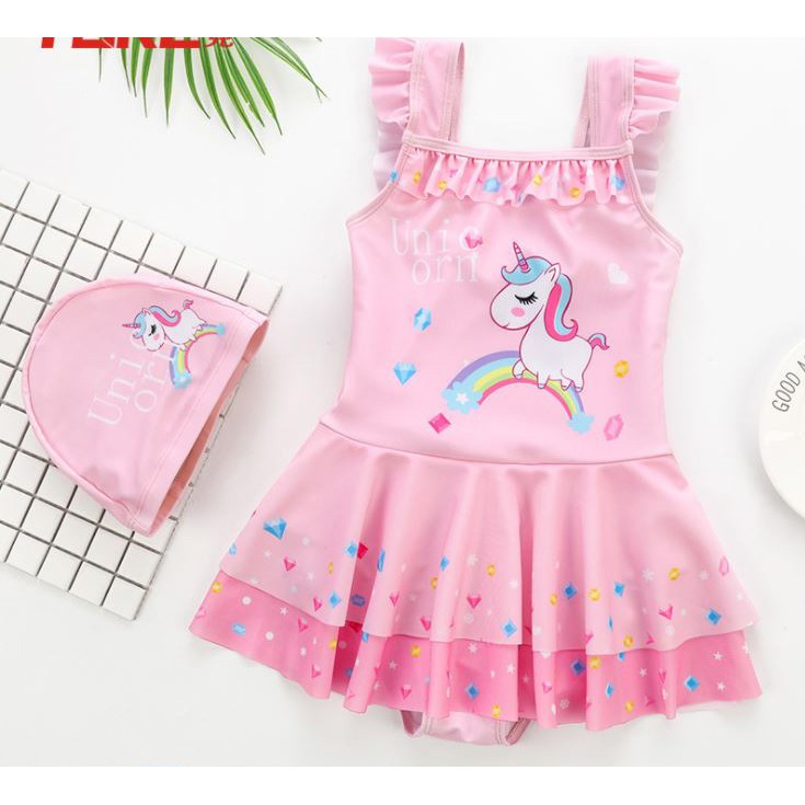 Đồ bơi liền váy hồng pony unicorn ngọt ngào bé gái 15-42kg ( không kèm nón)