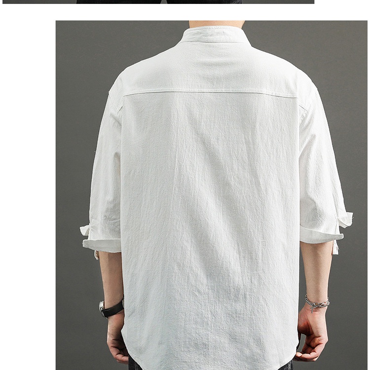 Áo Sơ Mi Lanh Tay Lửng Cổ Đứng Dáng Rộng Phong Cách Trung Hoa Cho Nam