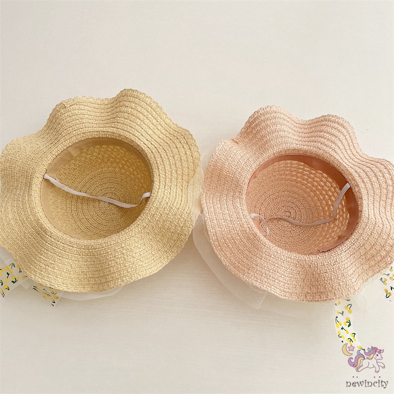 Mũ Cói Rộng Vành Phối Ruy Băng Ren Hoa Xinh Xắn Thời Trang Hàn Quốc Cho Bé Gái