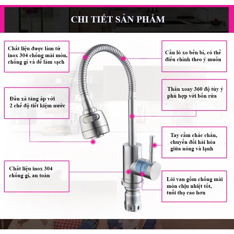 Vòi rửa chén bát NÓNG LẠNH inox 304 cần vòi lò xo có đầu xả tăng áp 2 chế độ tiết kiệm nước + Tặng bộ dây cấp nóng lạnh