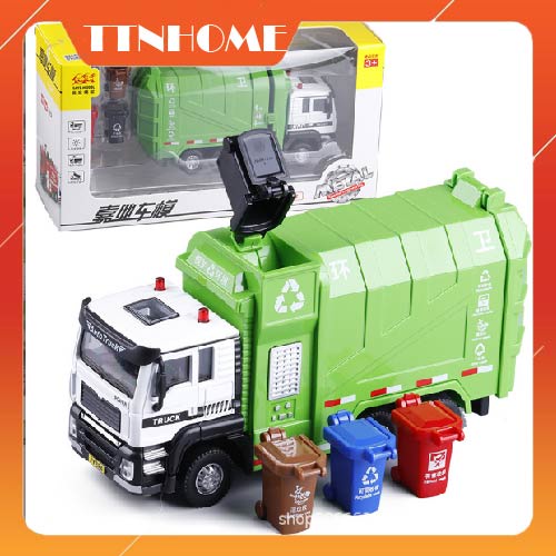 Mô hình xe rác xe tải chở rác hợp kim kèm 4 thùng rác kích thước 17*5.3*8cm có đèn và nhạc