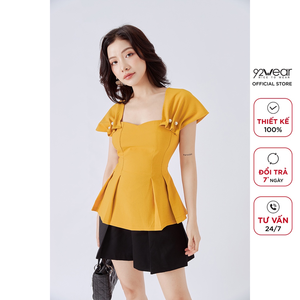 Áo sơ mi nữ kiểu 92WEAR thiết kế công sở thanh lịch tay ngắn nhún đính cúc ASA0852