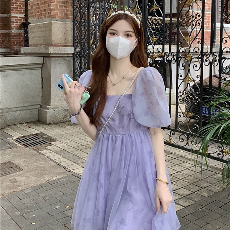 Đầm chiffon ZHELIHANGFEI tay phồng cổ vuông họa tiết bướm xinh xắn