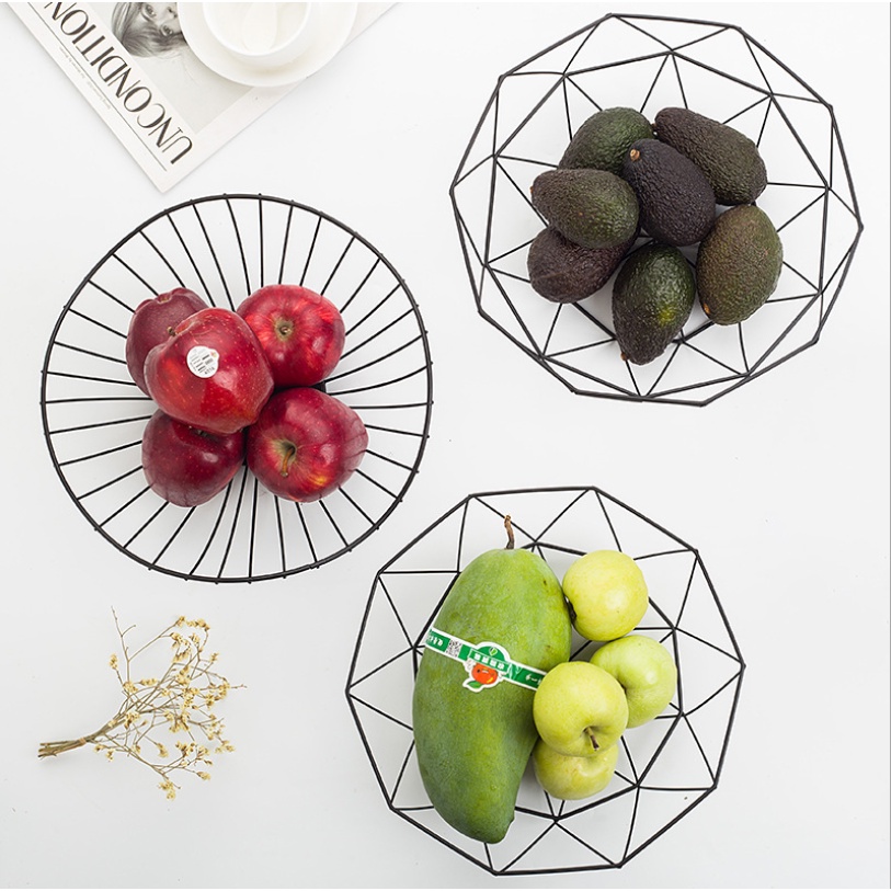 Rổ sắt đựng trái cây kiểu dáng hình học nhiều mẫu dùng để decor trưng bày trong phòng khách, phòng ăn,…