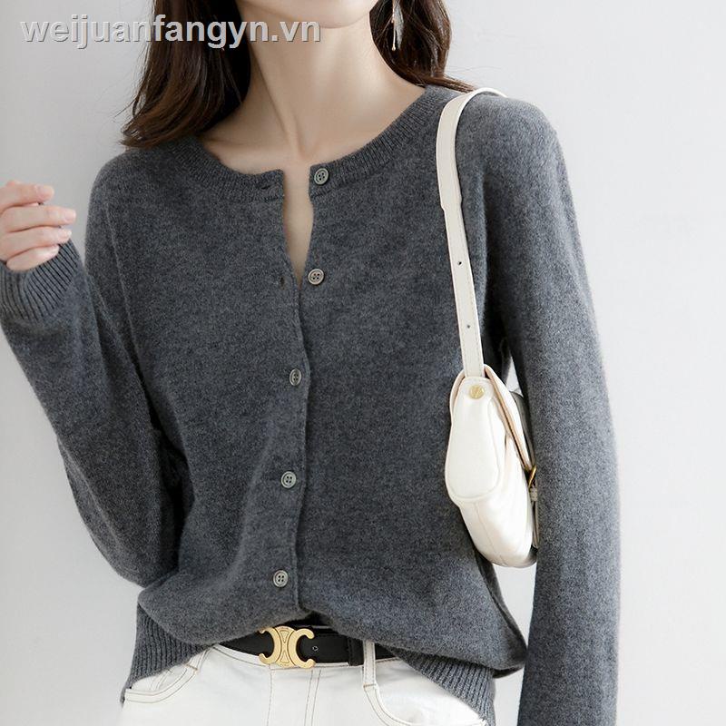 Áo Cardigan Dệt Kim Tay Dài Cổ Tròn Dáng Rộng Thoáng Khí Màu Trơn Thời Trang