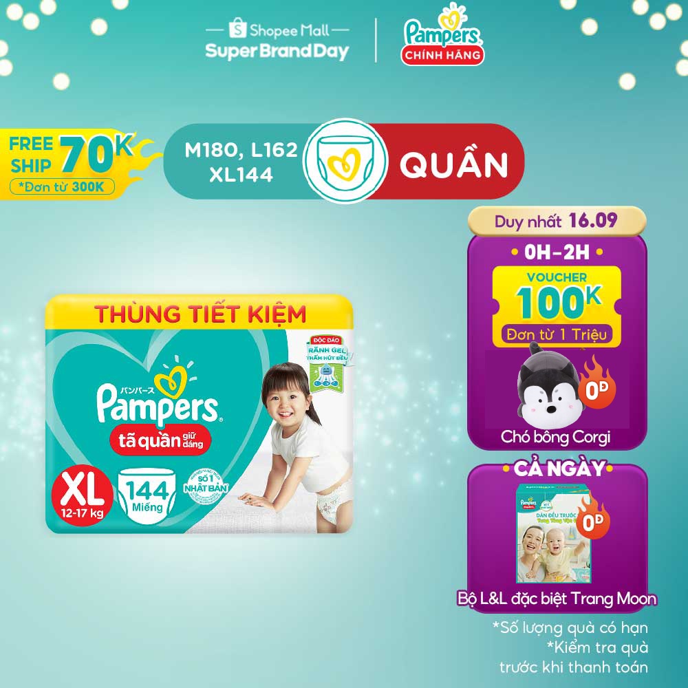 Thùng Mega Tã Quần Giữ Dáng Pampers Tiết Kiệm M180/L162/XL144