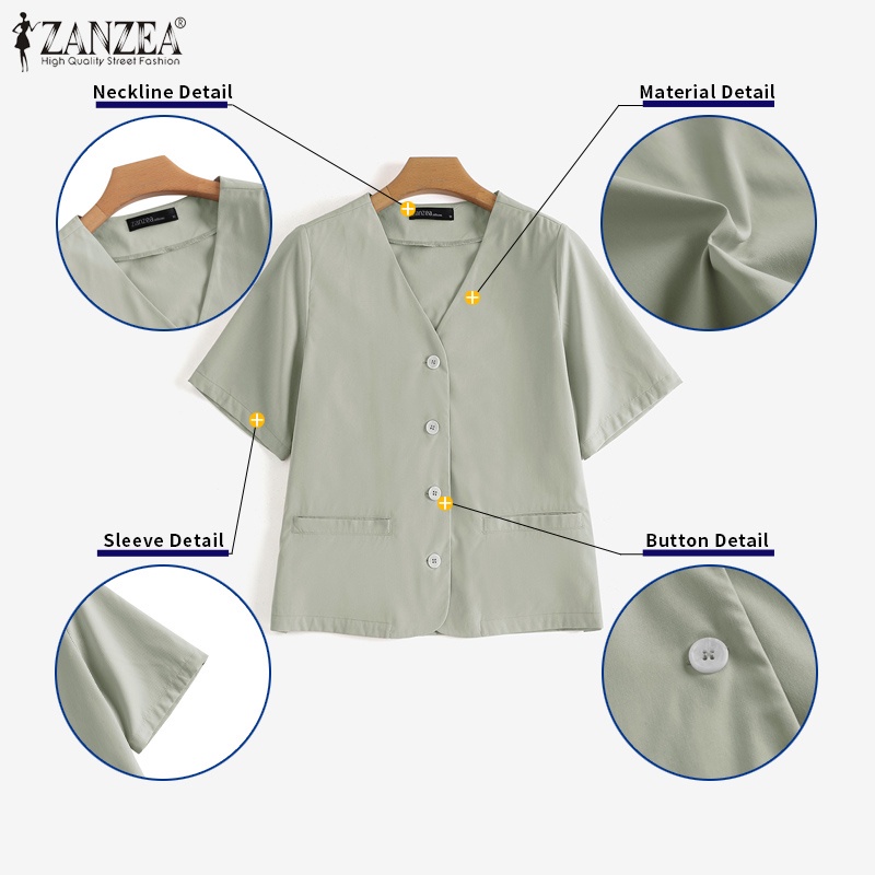 Áo khoác blazer ZANZEA ngắn tay cổ v cài nút thời trang Hàn Quốc cho nữ