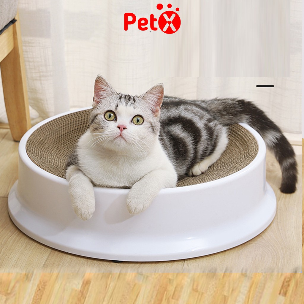 Bàn cào móng cho mèo vỏ nhựa hình tròn có thể tháo và thay lõi carton D 39.5x10cm