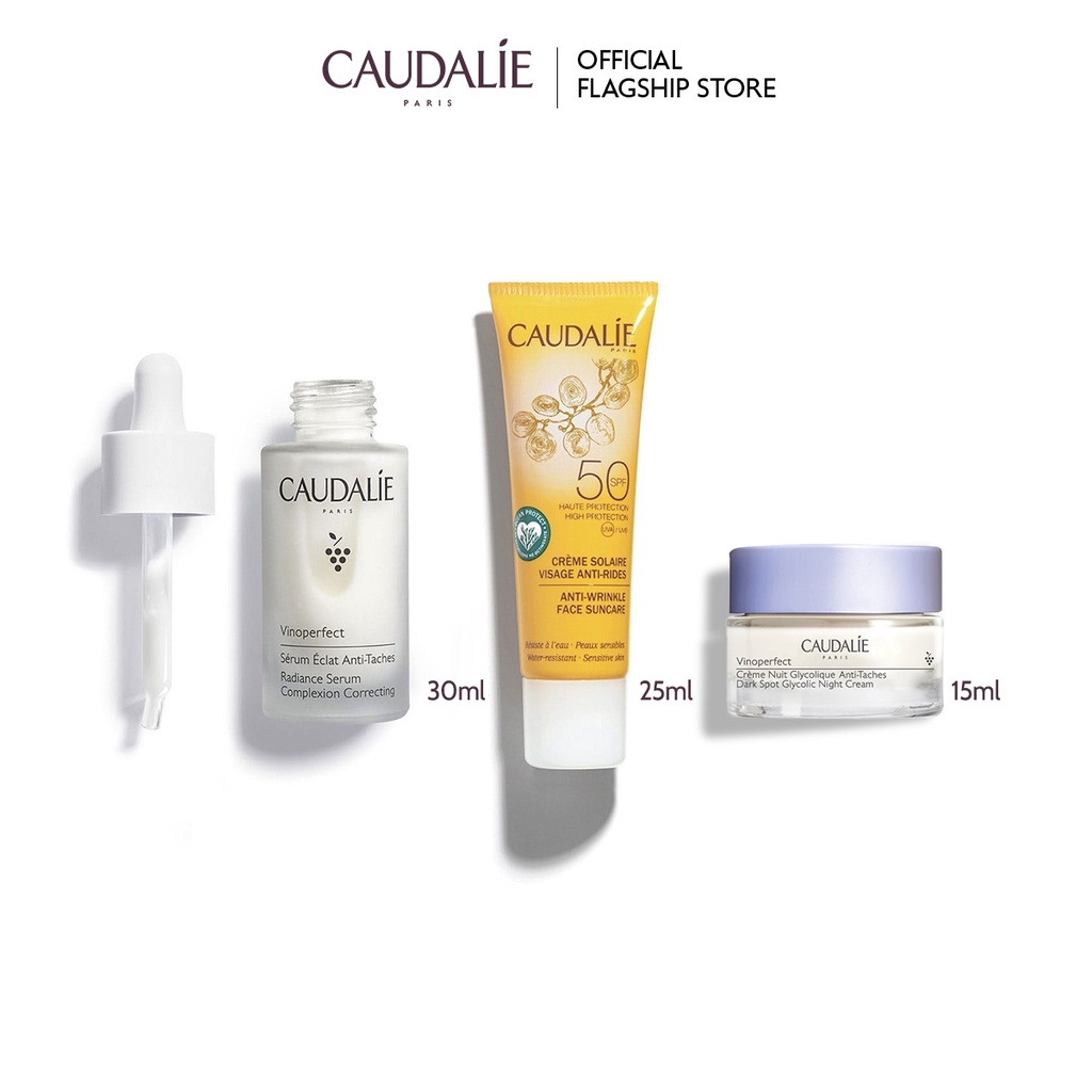 Bộ sản phẩm Caudalie Daily Sun Protection Duo - Set Vinoperfect serum 30ml + SPF50 - 25ml + Kem đêm 15ml