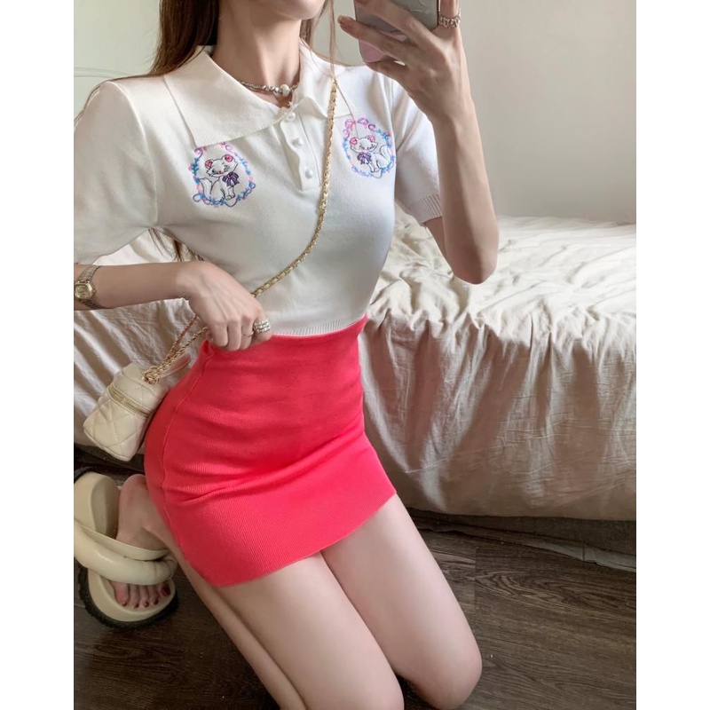 Áo sweater Tay Ngắn Cổ Bẻ Thêu Hình Mèo Dễ Thương