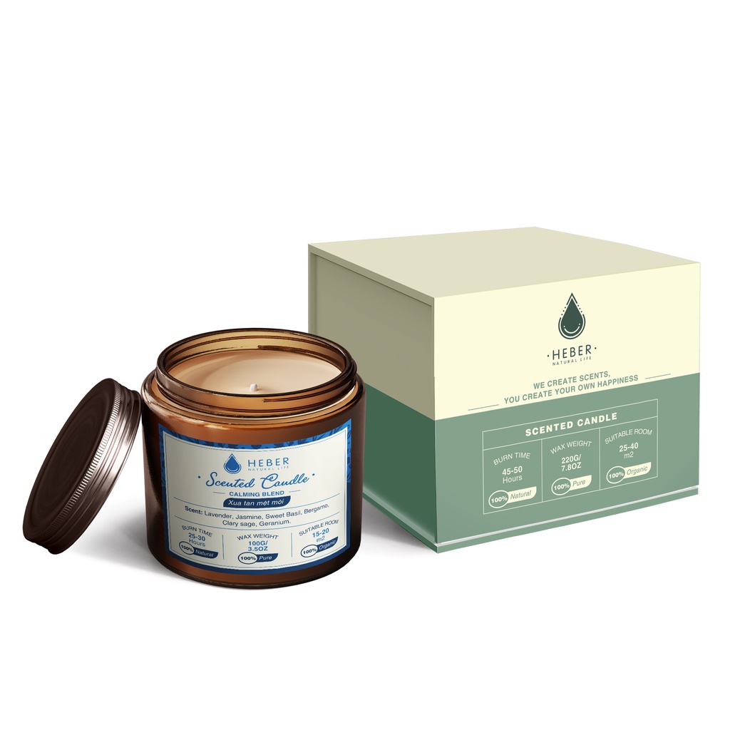 Nến Thơm Xua Tan Mệt Mỏi Calming Scented Candle Heber Natural Life Thiên Nhiên Cao Cấp Thơm Phòng Thư Giãn, 100g & 220g