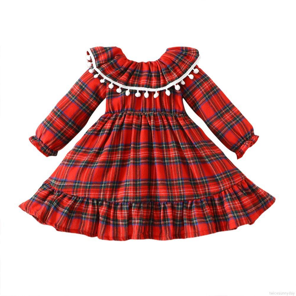 Đầm tay dài họa tiết sọc caro phong cách giáng sinh cho bé gái