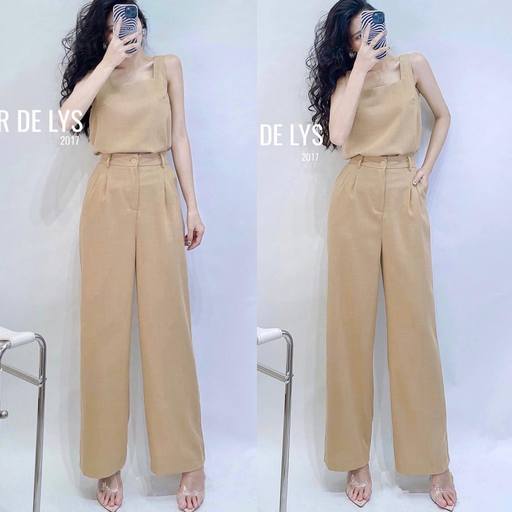 Set áo 2 dây quần ống rộng Delys áo sát nách cổ vuông và quần suông cạp cao