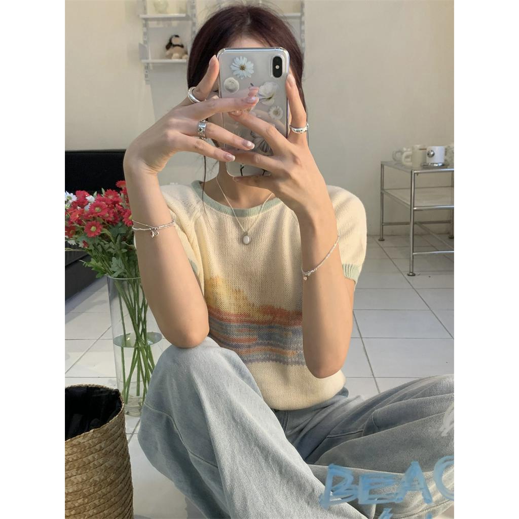 Áo Thun Dệt Kim Ngắn Tay In Họa Tiết Màu Sắc Hợp Thời Trang Hè 51937