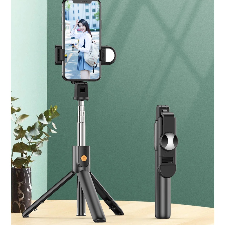 Gậy Chụp Hình Selfie Gấp Gọn Không Dây Bluetooth 4.0 Kèm Đèn Led Ánh Sáng Trắng Xoay 360 Kết Nối iPhone Android