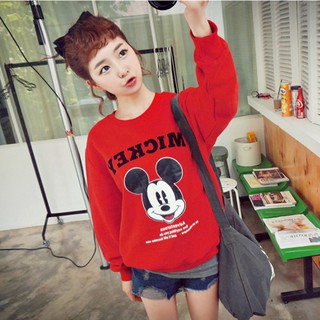 Áo thun sweater nữ cổ tròn in hình chuột Mickey